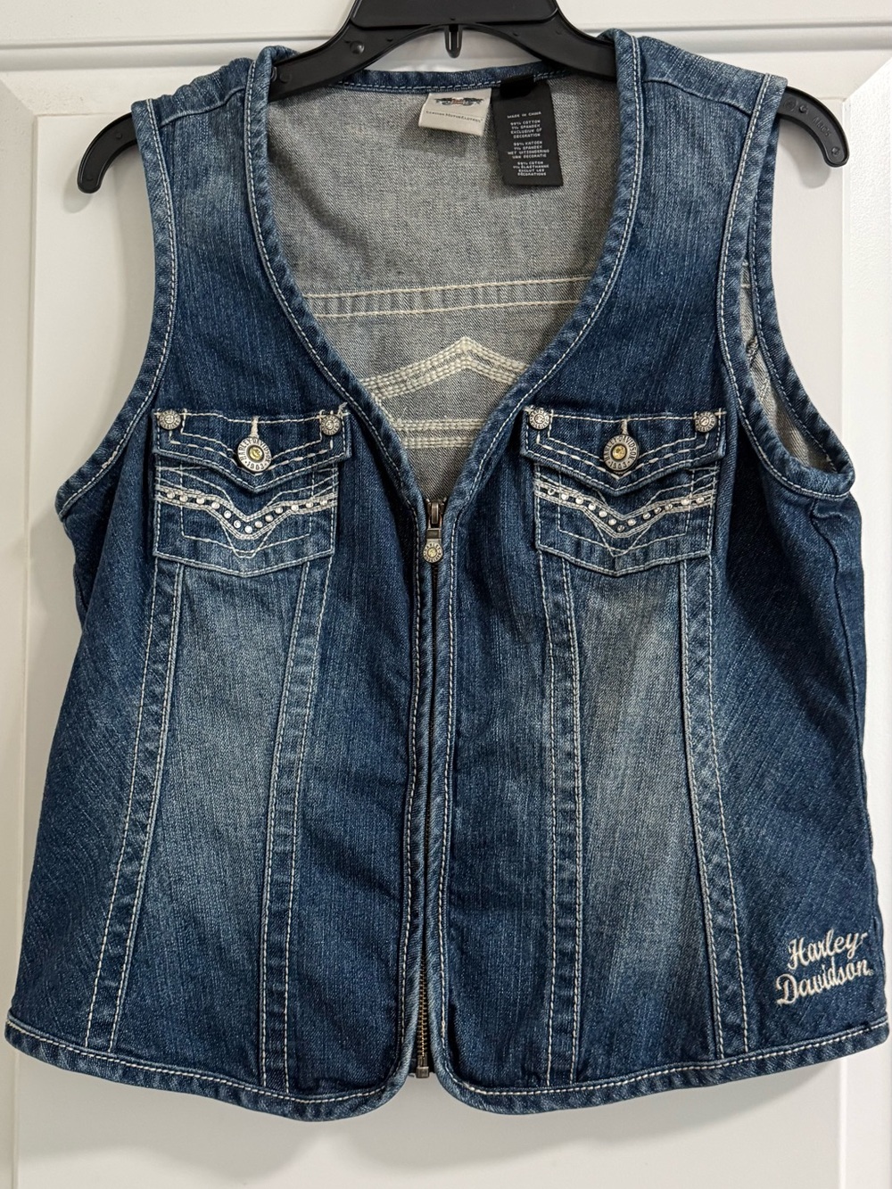 Harley-Davidson Woman’s Denim Vest Embroidered Rhinestone Studded Biker Vest